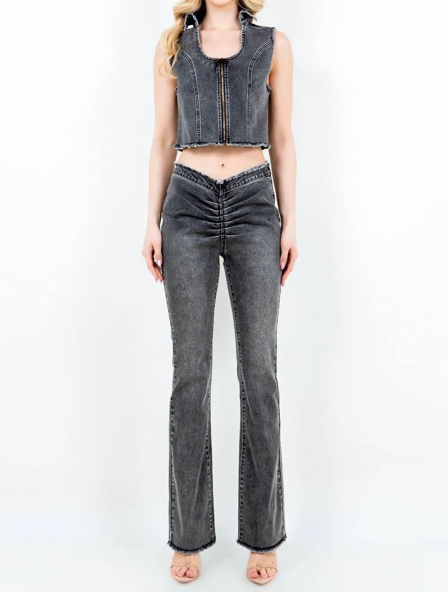 American Bazi - Chic V Cut Ruched Flare Pants
