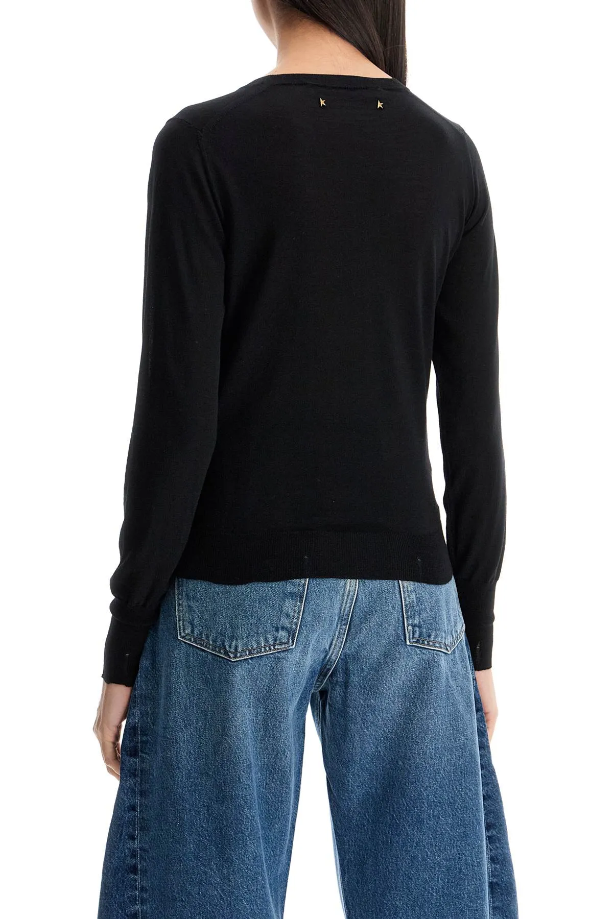 black merino wool sweater with golden applications for women GWP00952 P000665 BLACK
