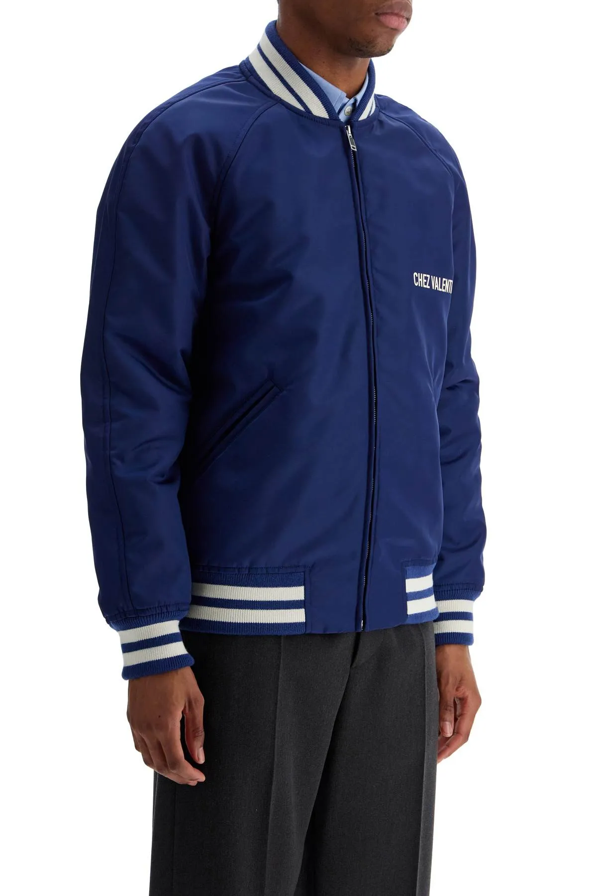 blue bomber jacket in printed polyamide with zip and high collar 6V3CIM225CM BLUETTE/BIANCO