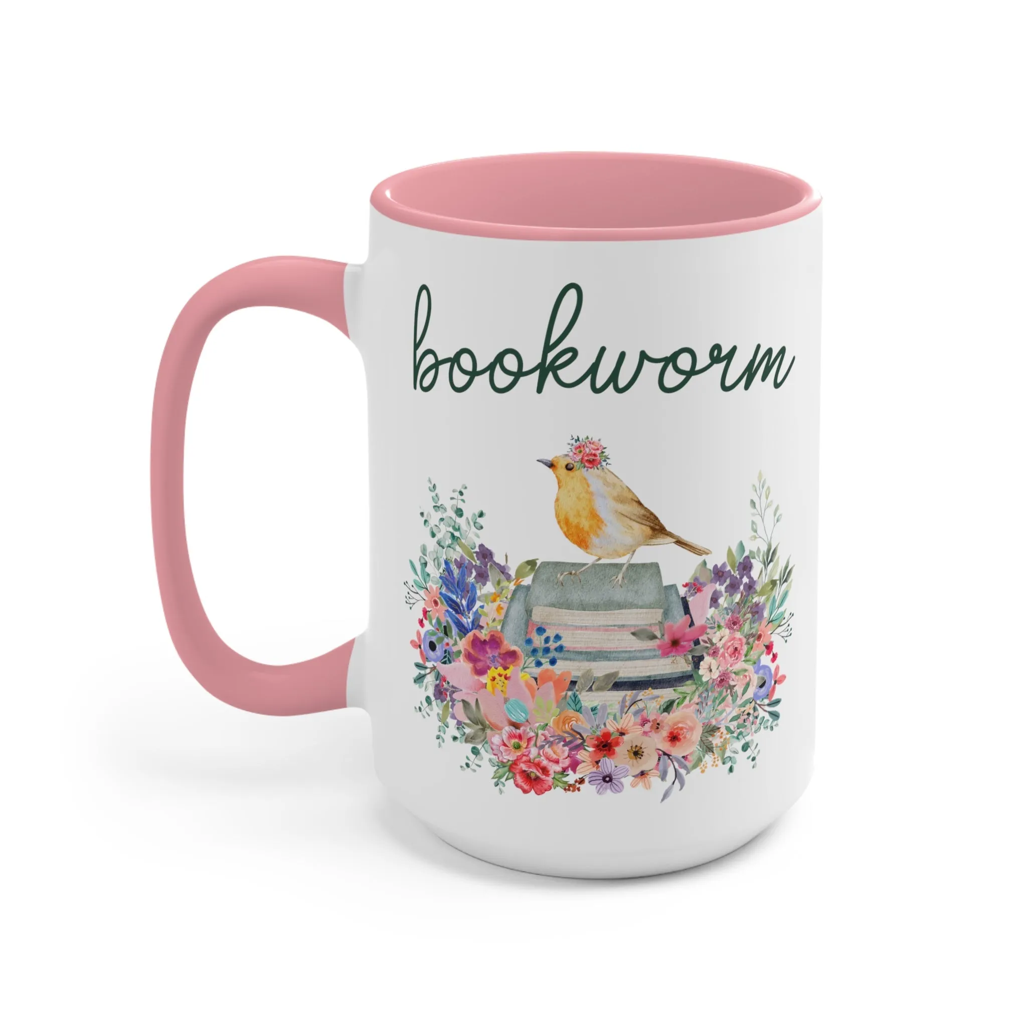 Bookworm Coffee Mug with Bird and Flowers: 15 Oz Coffee Mug
