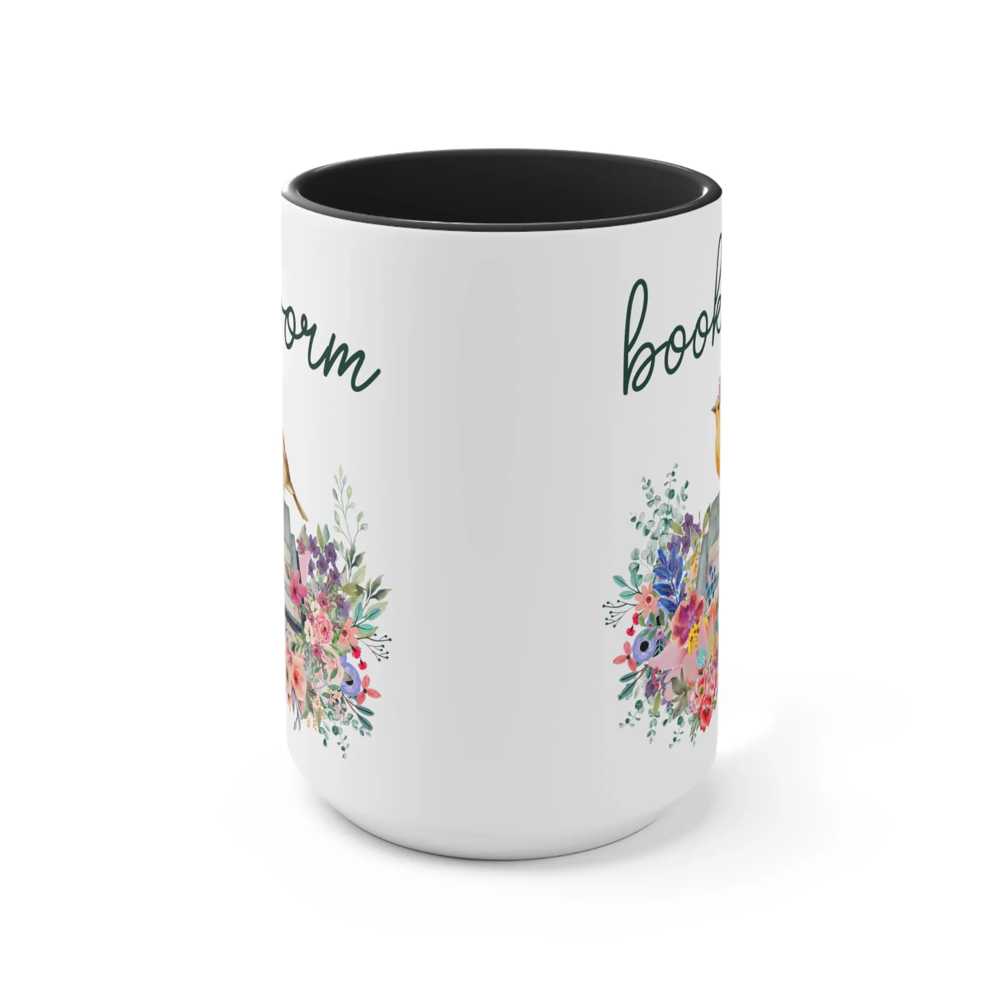 Bookworm Coffee Mug with Bird and Flowers: 15 Oz Coffee Mug