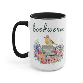 Bookworm Coffee Mug with Bird and Flowers: 15 Oz Coffee Mug