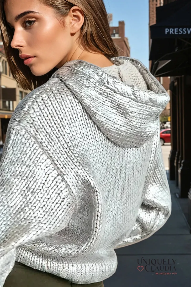 Casey Chic Metallic Foil Knit Hooded Sweater