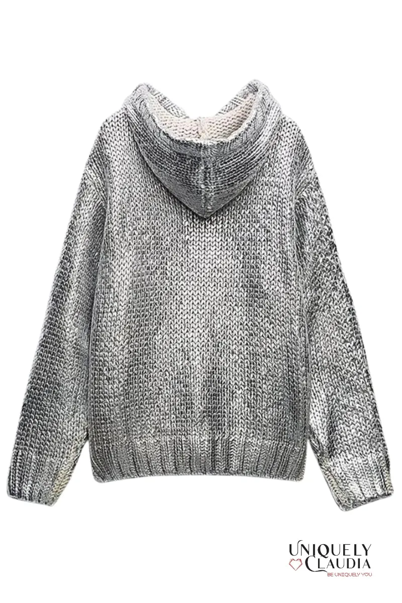 Casey Chic Metallic Foil Knit Hooded Sweater