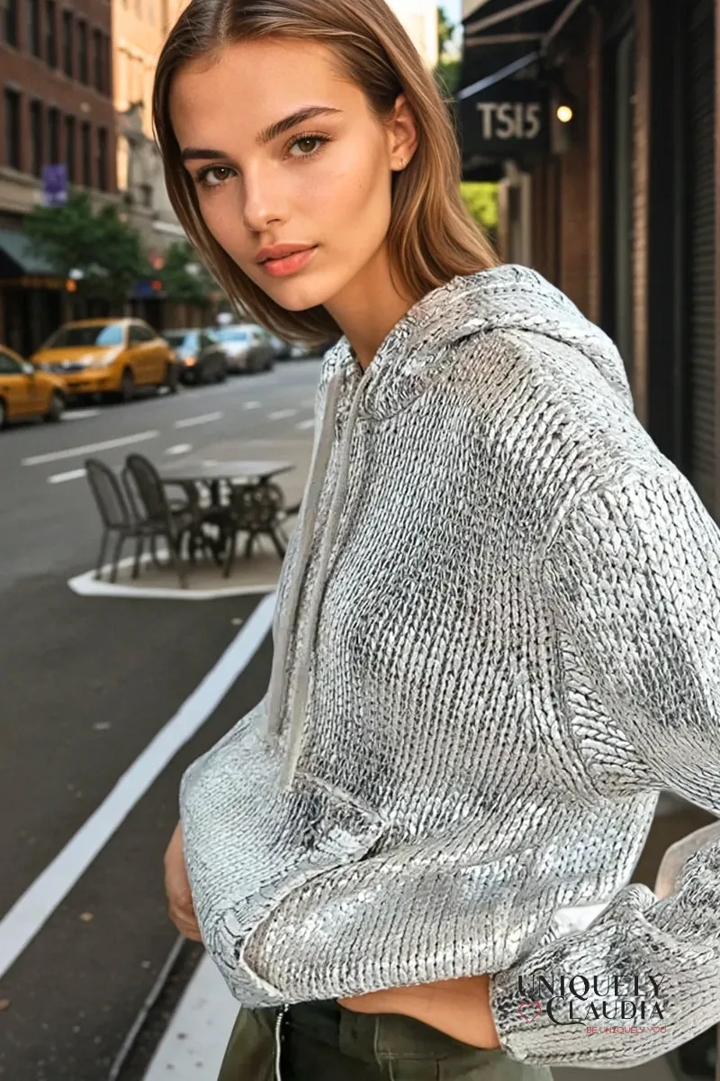 Casey Chic Metallic Foil Knit Hooded Sweater