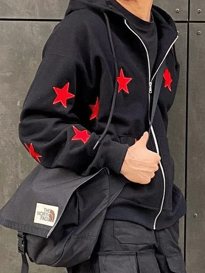 Chicmy-Men's Patch Star Zip Up Hoodie