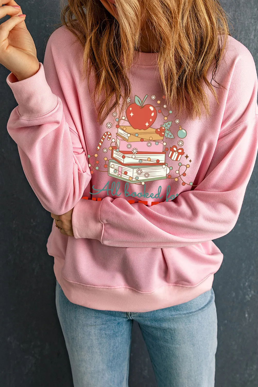 Christmas Crew Neck Apple Book Pattern Pullover Sweatshirt