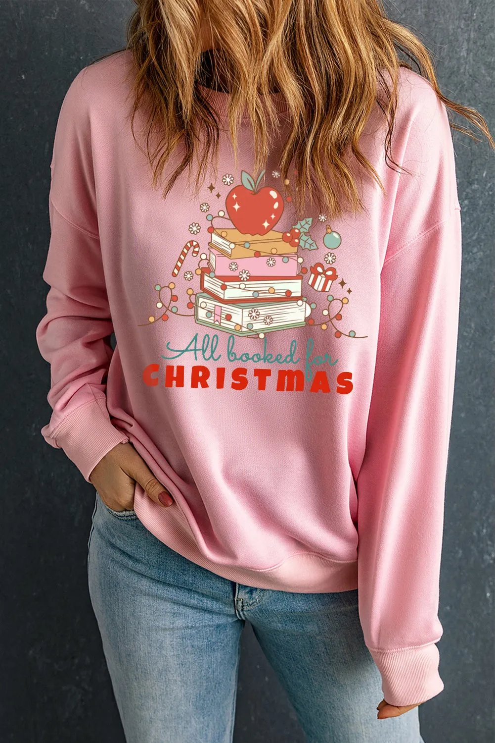 Christmas Crew Neck Apple Book Pattern Pullover Sweatshirt