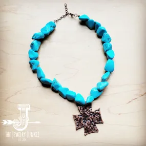 **Chunky Blue Turquoise Collar Necklace w/ Cross Pendant 258x