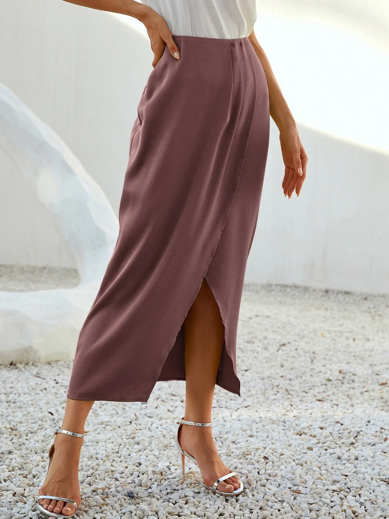 Elegant Plain Wrap High Waist Long Women Skirt
