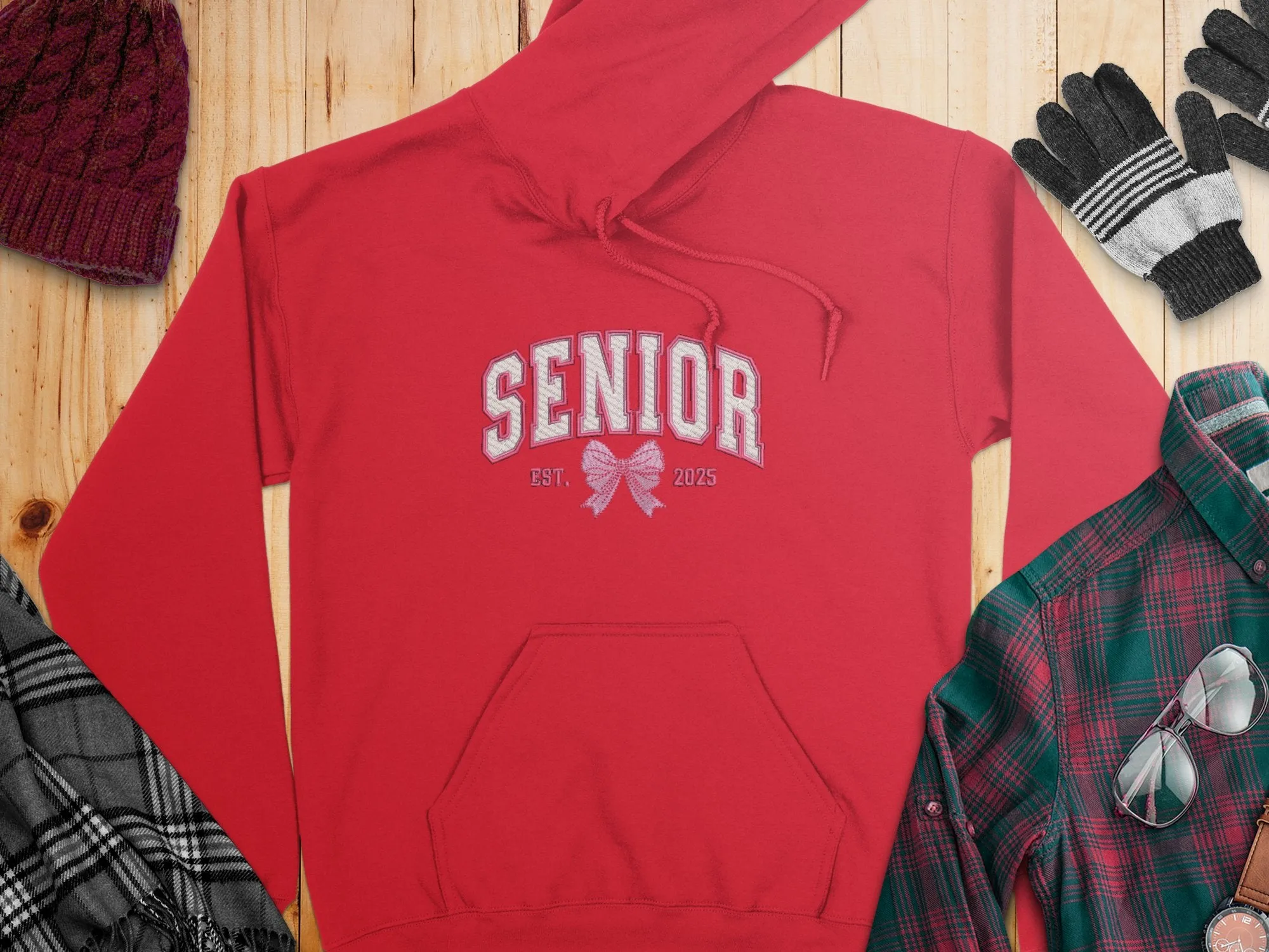 Embroidered Coquette Senior 2025 Est. Pink Bow Hoodies