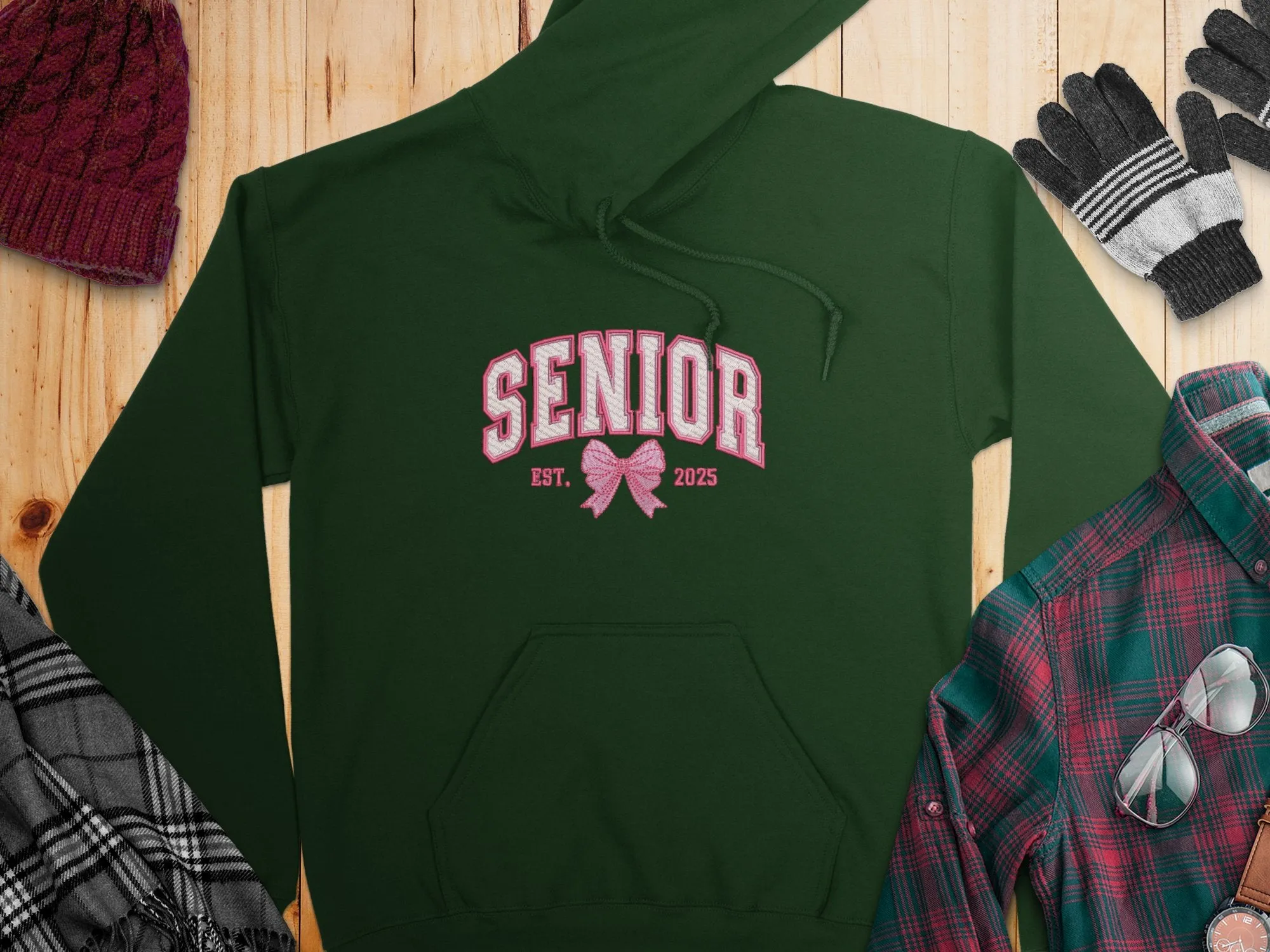 Embroidered Coquette Senior 2025 Est. Pink Bow Hoodies