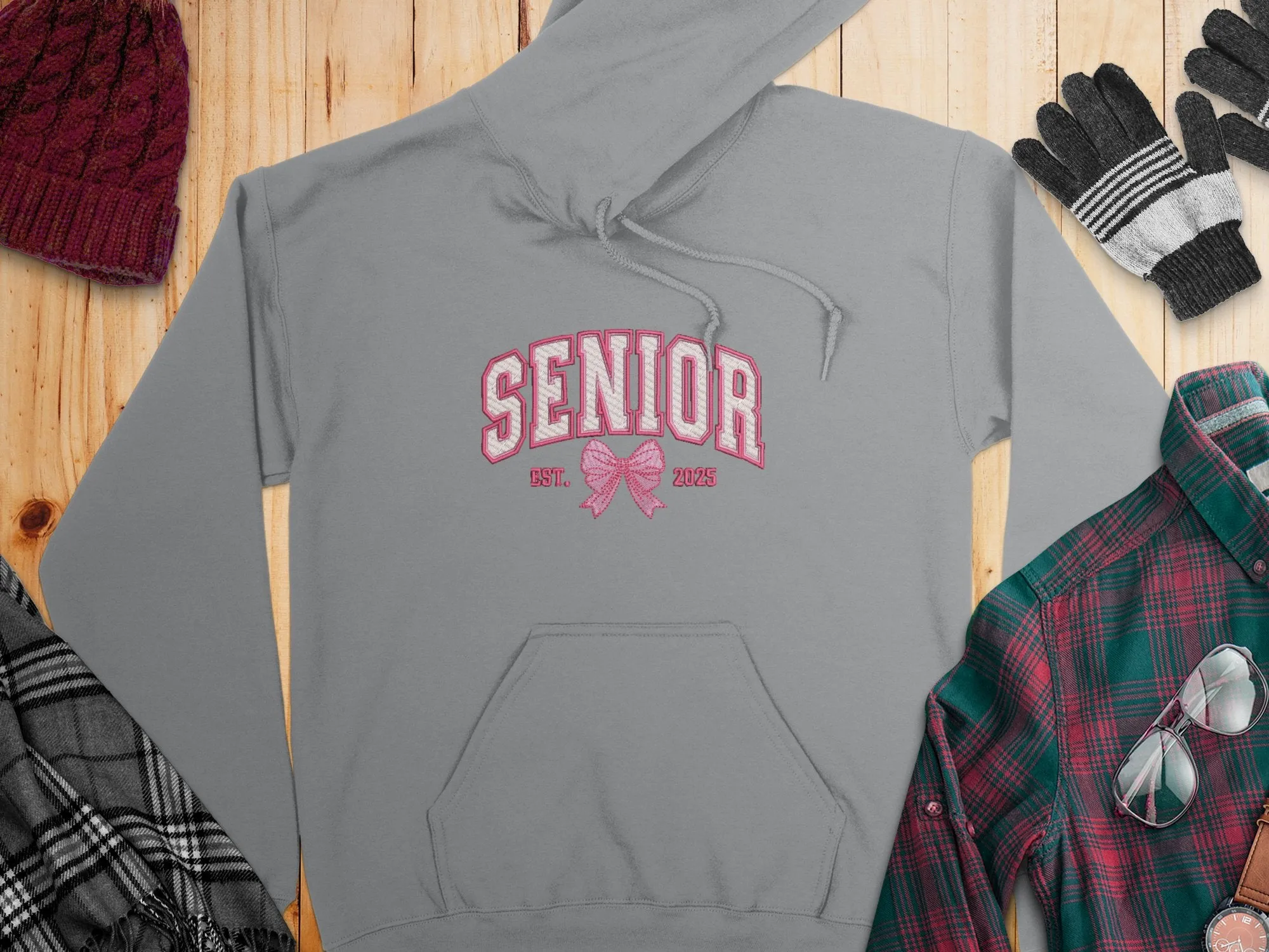 Embroidered Coquette Senior 2025 Est. Pink Bow Hoodies
