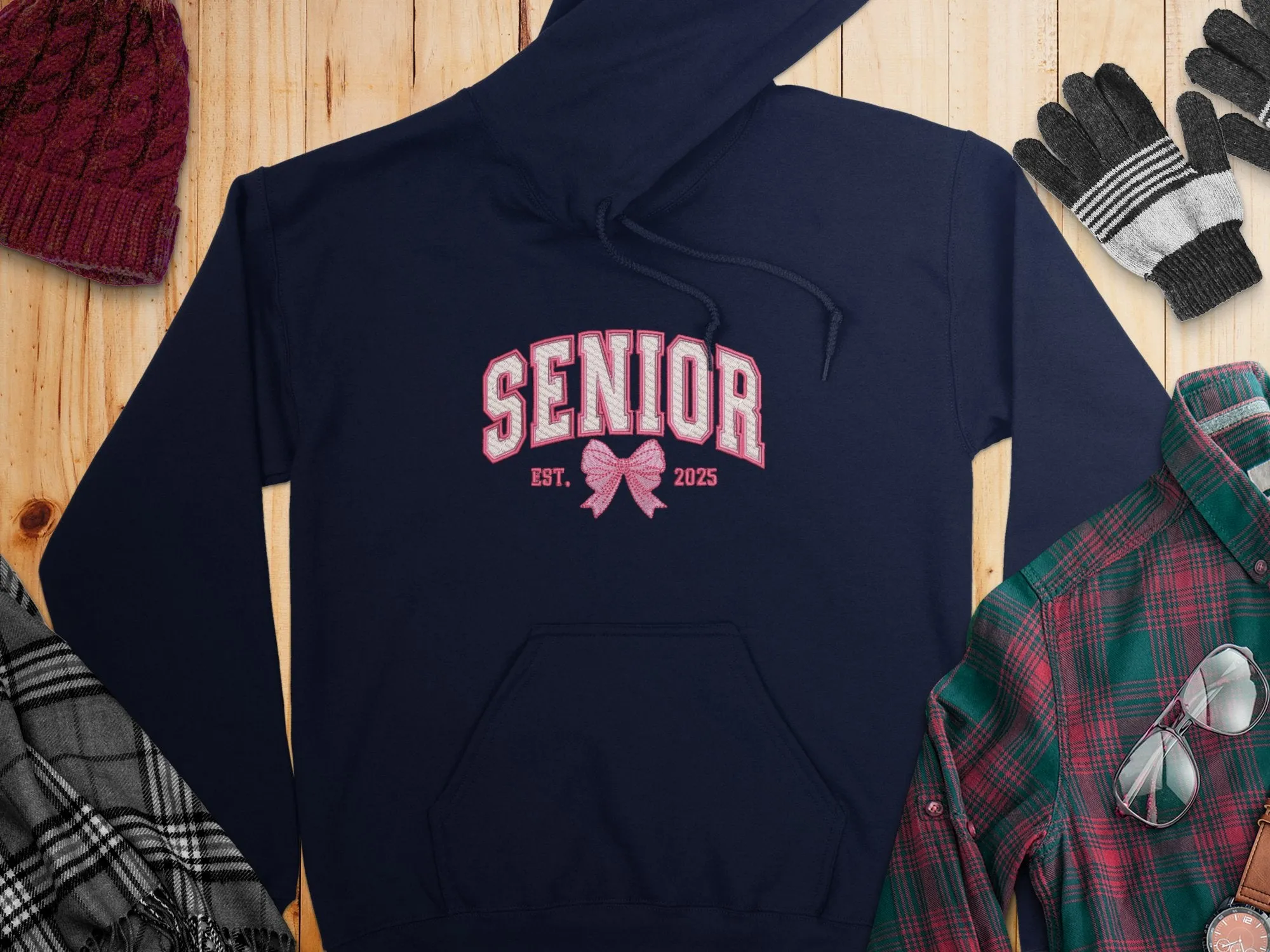 Embroidered Coquette Senior 2025 Est. Pink Bow Hoodies