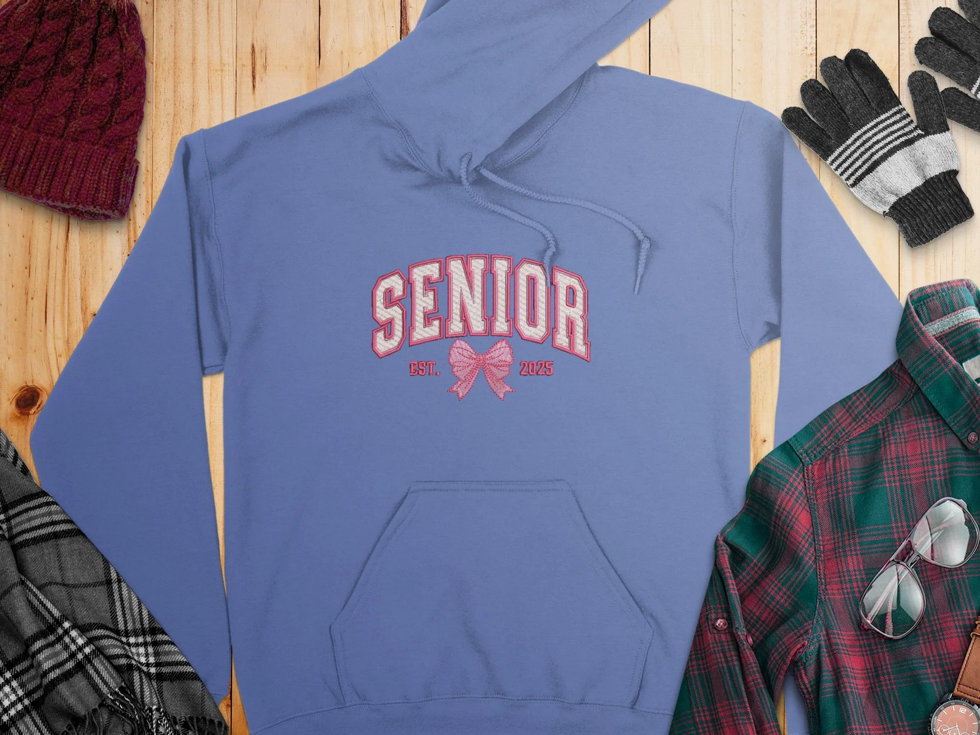 Embroidered Coquette Senior 2025 Est. Pink Bow Hoodies