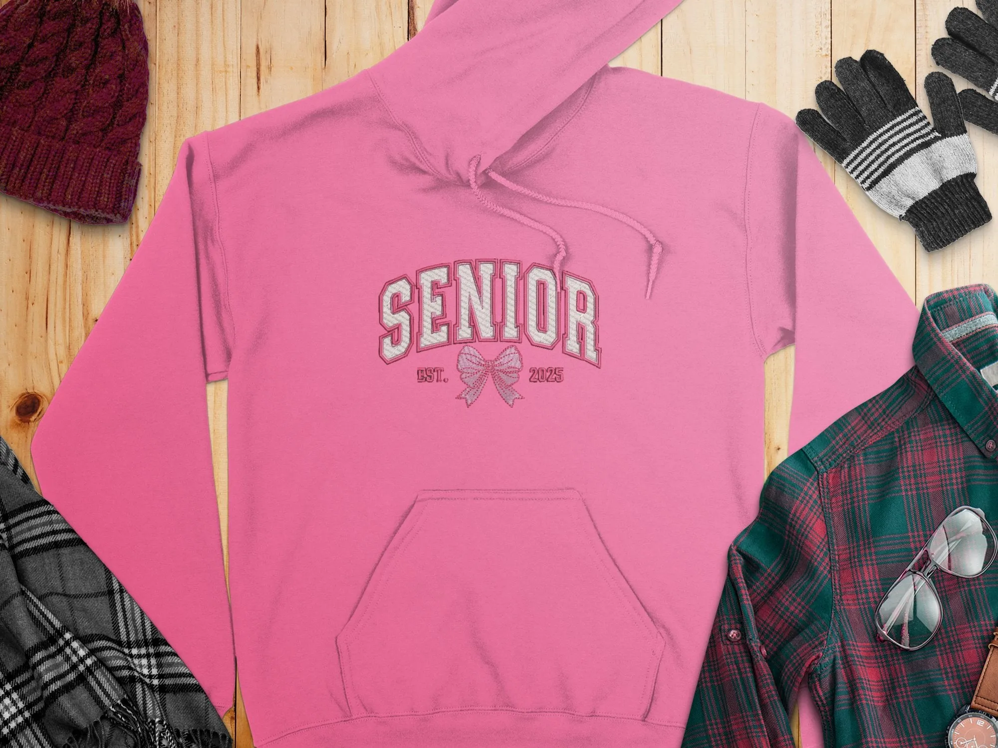 Embroidered Coquette Senior 2025 Est. Pink Bow Hoodies