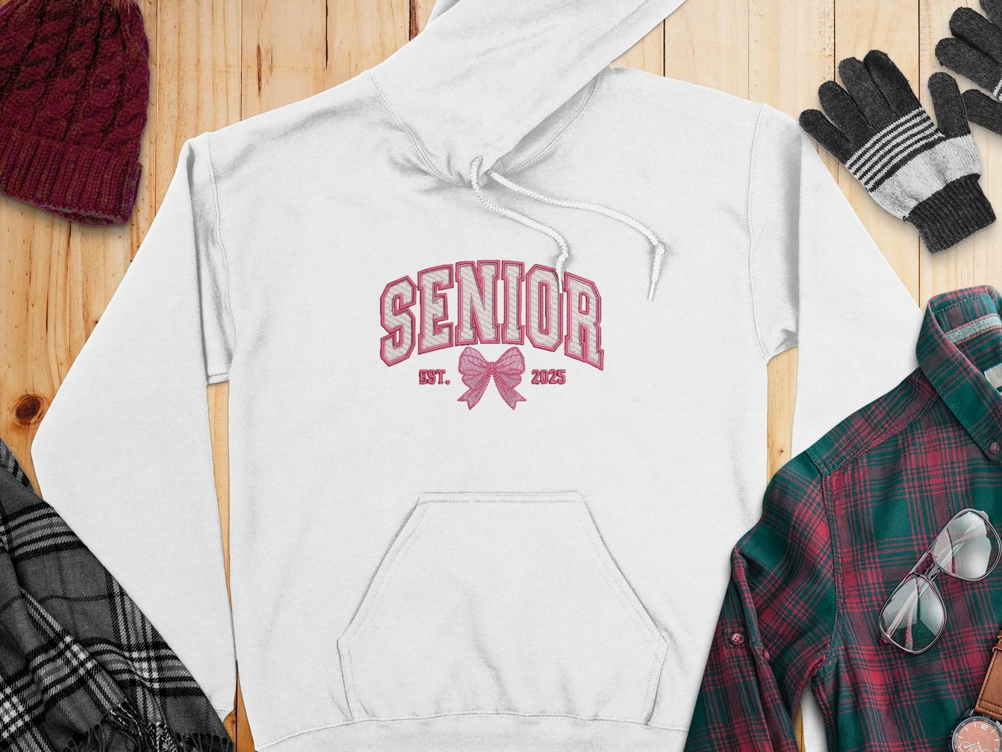 Embroidered Coquette Senior 2025 Est. Pink Bow Hoodies