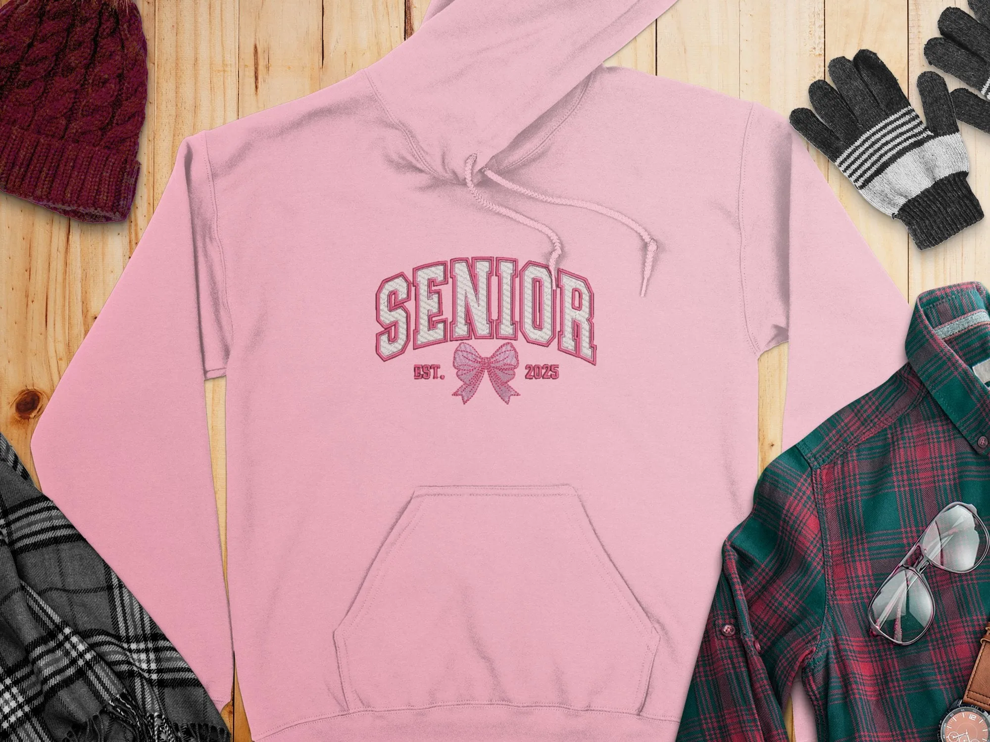 Embroidered Coquette Senior 2025 Est. Pink Bow Hoodies
