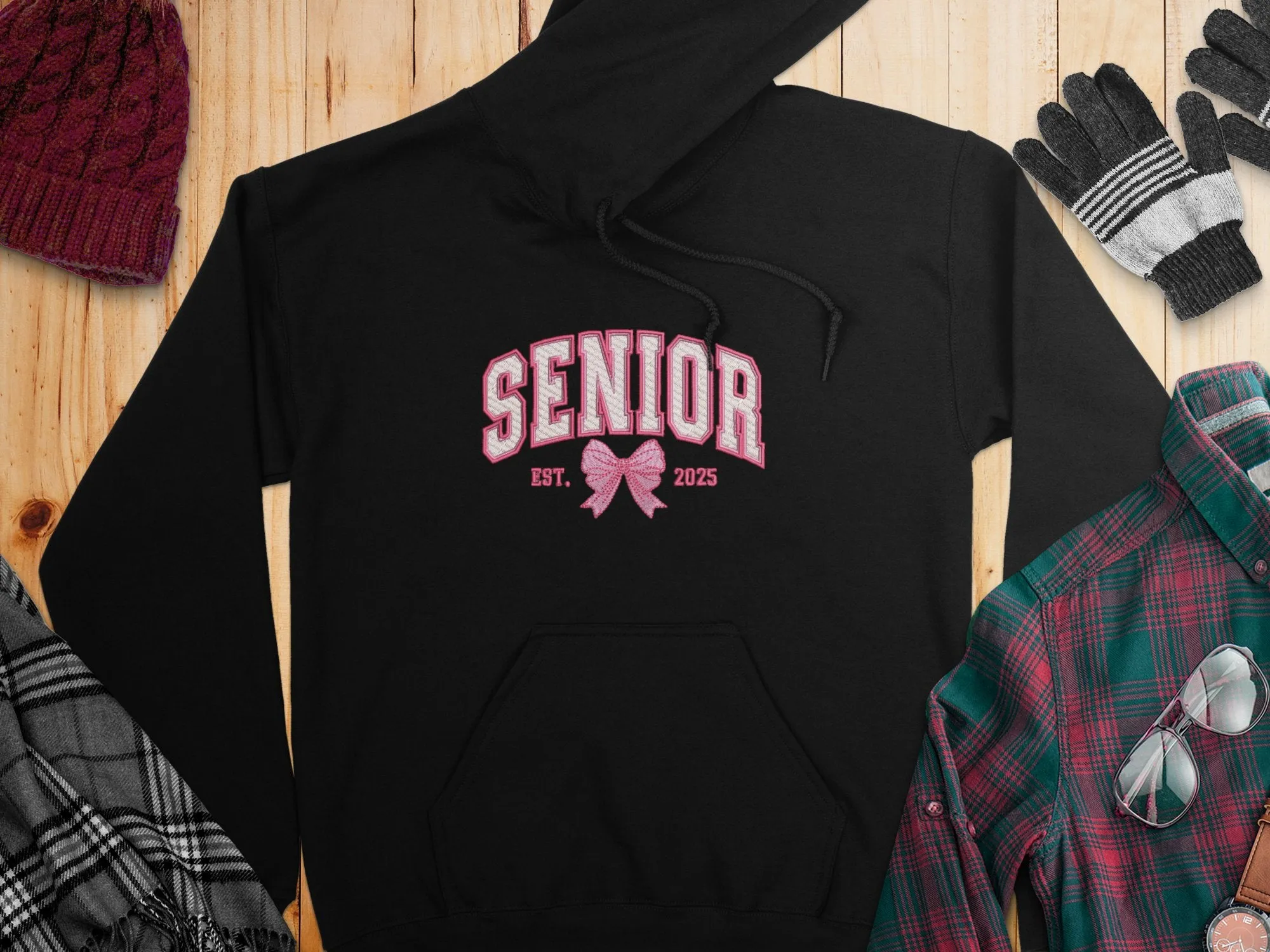 Embroidered Coquette Senior 2025 Est. Pink Bow Hoodies