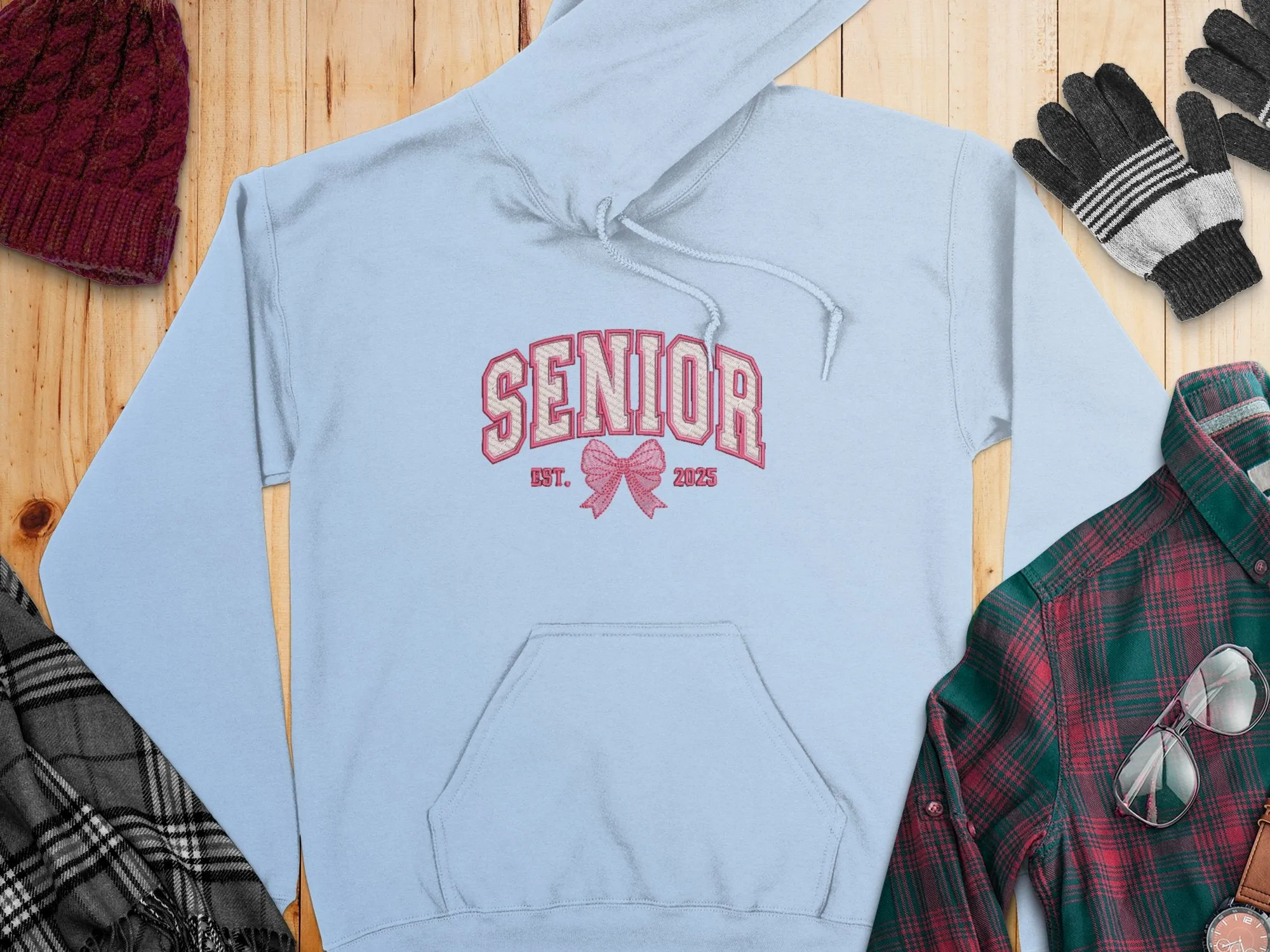 Embroidered Coquette Senior 2025 Est. Pink Bow Hoodies