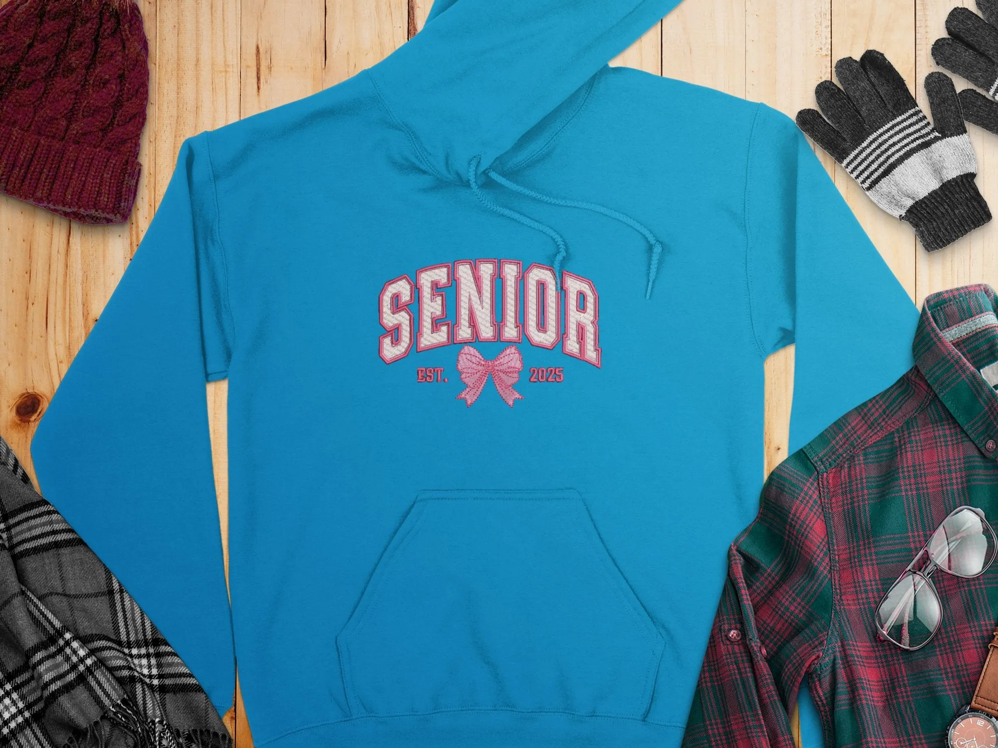 Embroidered Coquette Senior 2025 Est. Pink Bow Hoodies