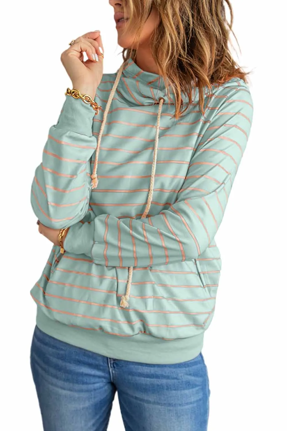 Green Striped Turtleneck Hoodie