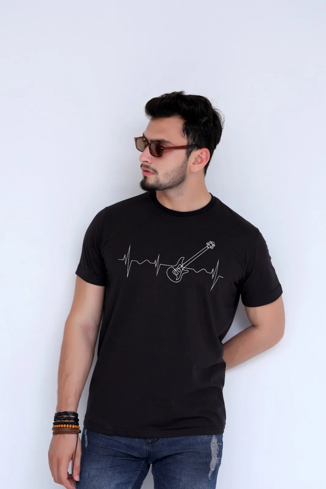 Guitar Printed Tee For Him-MTST-0043-Black