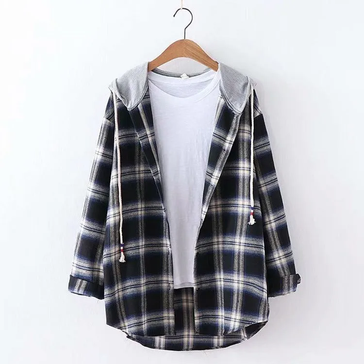 Harajuku Harmony: Plaid Drawstring Hooded Jacket Shirt - Elevate Your Casual Chic! 🌈👚