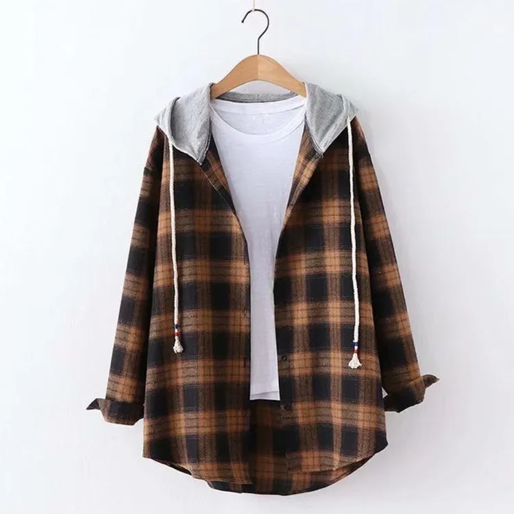 Harajuku Harmony: Plaid Drawstring Hooded Jacket Shirt - Elevate Your Casual Chic! 🌈👚