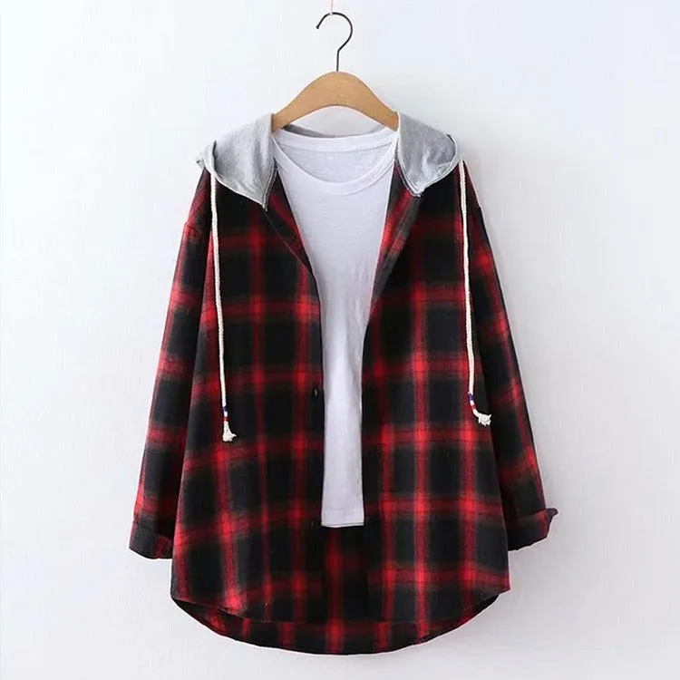 Harajuku Harmony: Plaid Drawstring Hooded Jacket Shirt - Elevate Your Casual Chic! 🌈👚