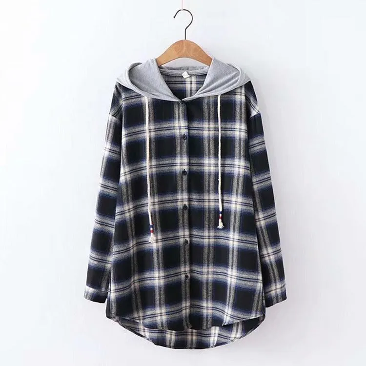 Harajuku Harmony: Plaid Drawstring Hooded Jacket Shirt - Elevate Your Casual Chic! 🌈👚