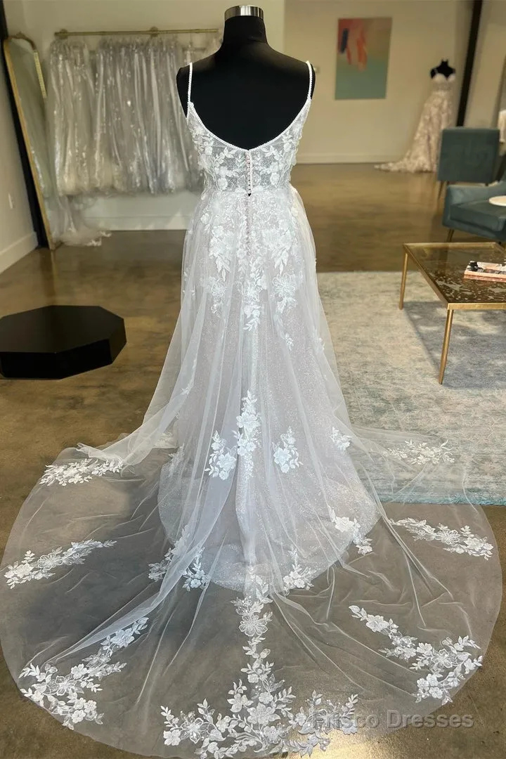 Ivory Floral Lace Spaghetti Strap Long Bridal Gown Wedding Dresses