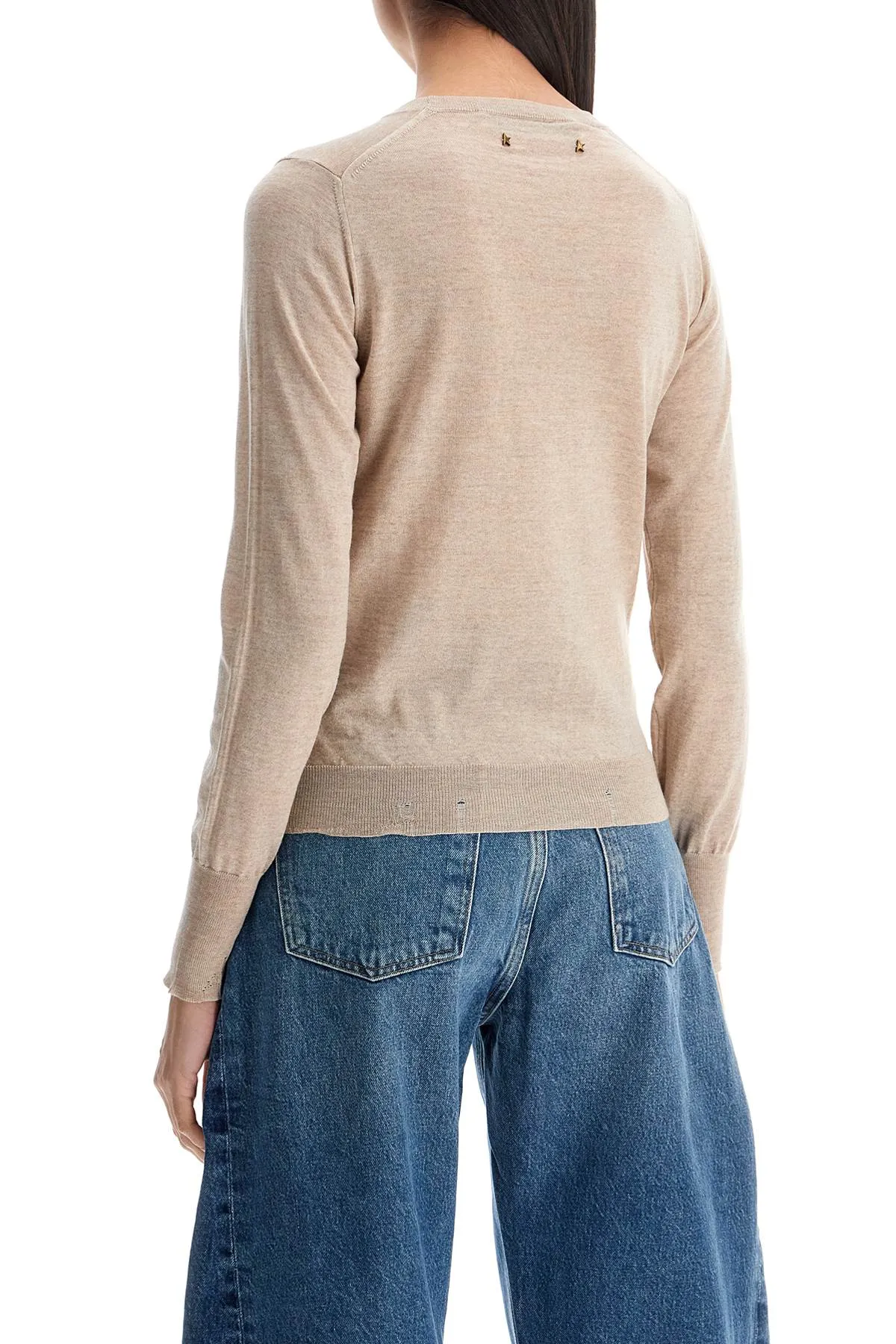 light beige merino wool women's crew neck sweater GWP00952 P000665 TAN