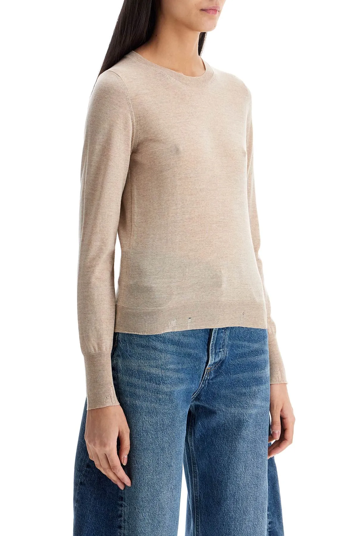 light beige merino wool women's crew neck sweater GWP00952 P000665 TAN