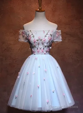 Lovely Light Blue Tulle Knee Length Homecoming Dress, Cute Floral Party Dress