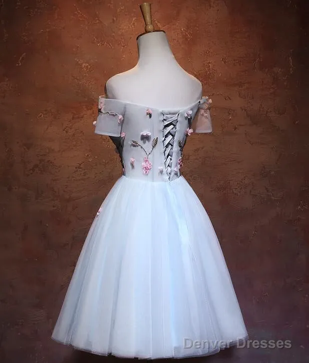 Lovely Light Blue Tulle Knee Length Homecoming Dress, Cute Floral Party Dress