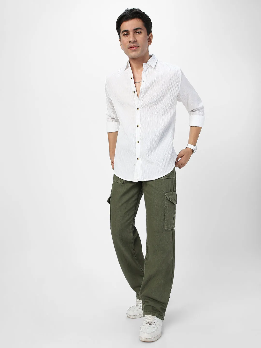 Men's White Cotton Full Sleeve Regular Fit Textured Shirt with Spread Collar
