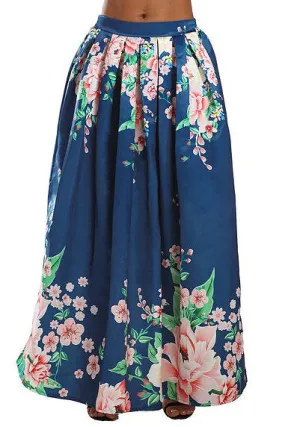 Navy Coral Floral Elegant Flared Maxi Skirt