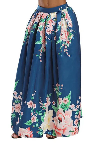 Navy Coral Floral Elegant Flared Maxi Skirt