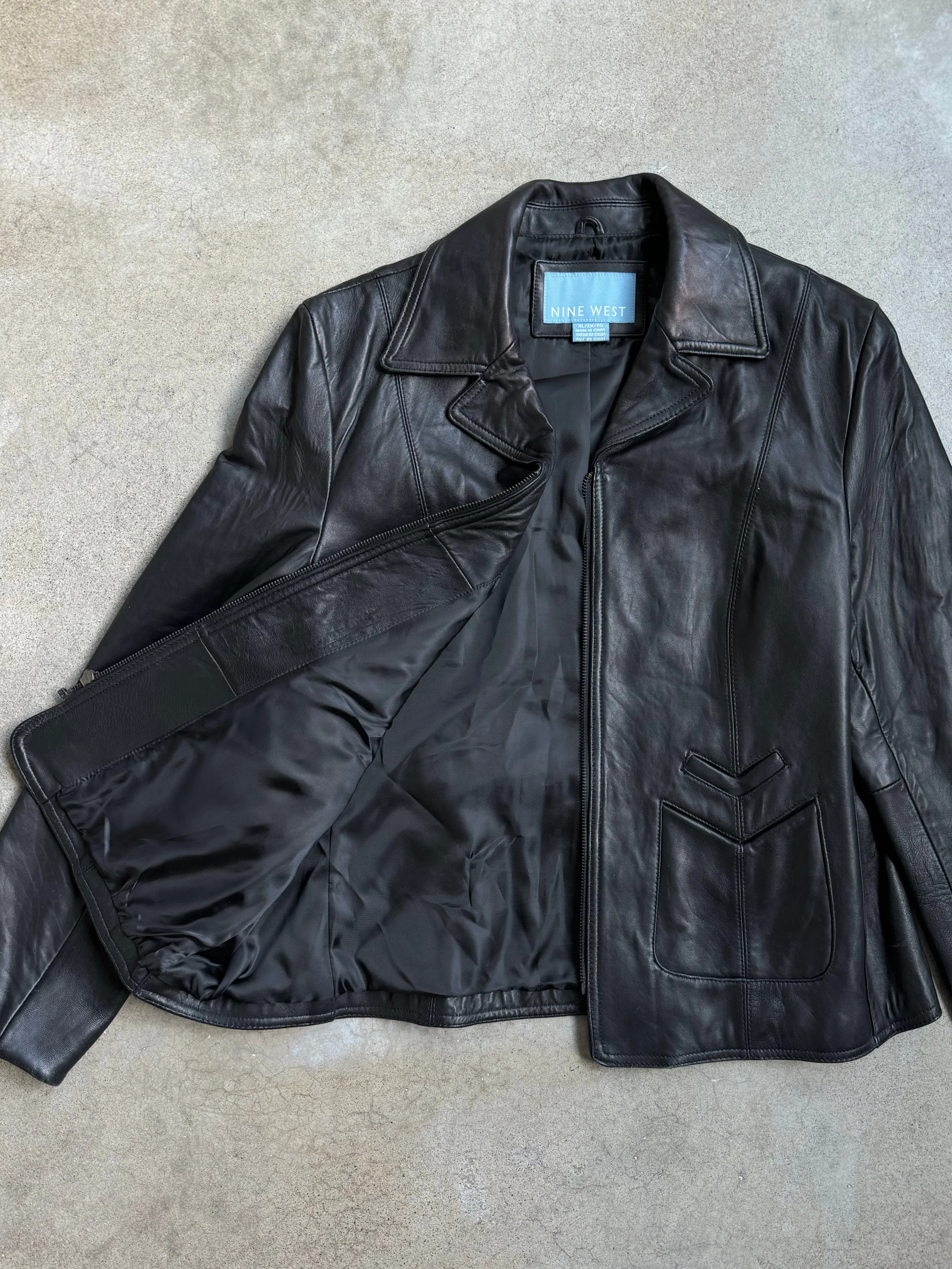 Nine West Black Leather Zip-Up Jacket (XL)