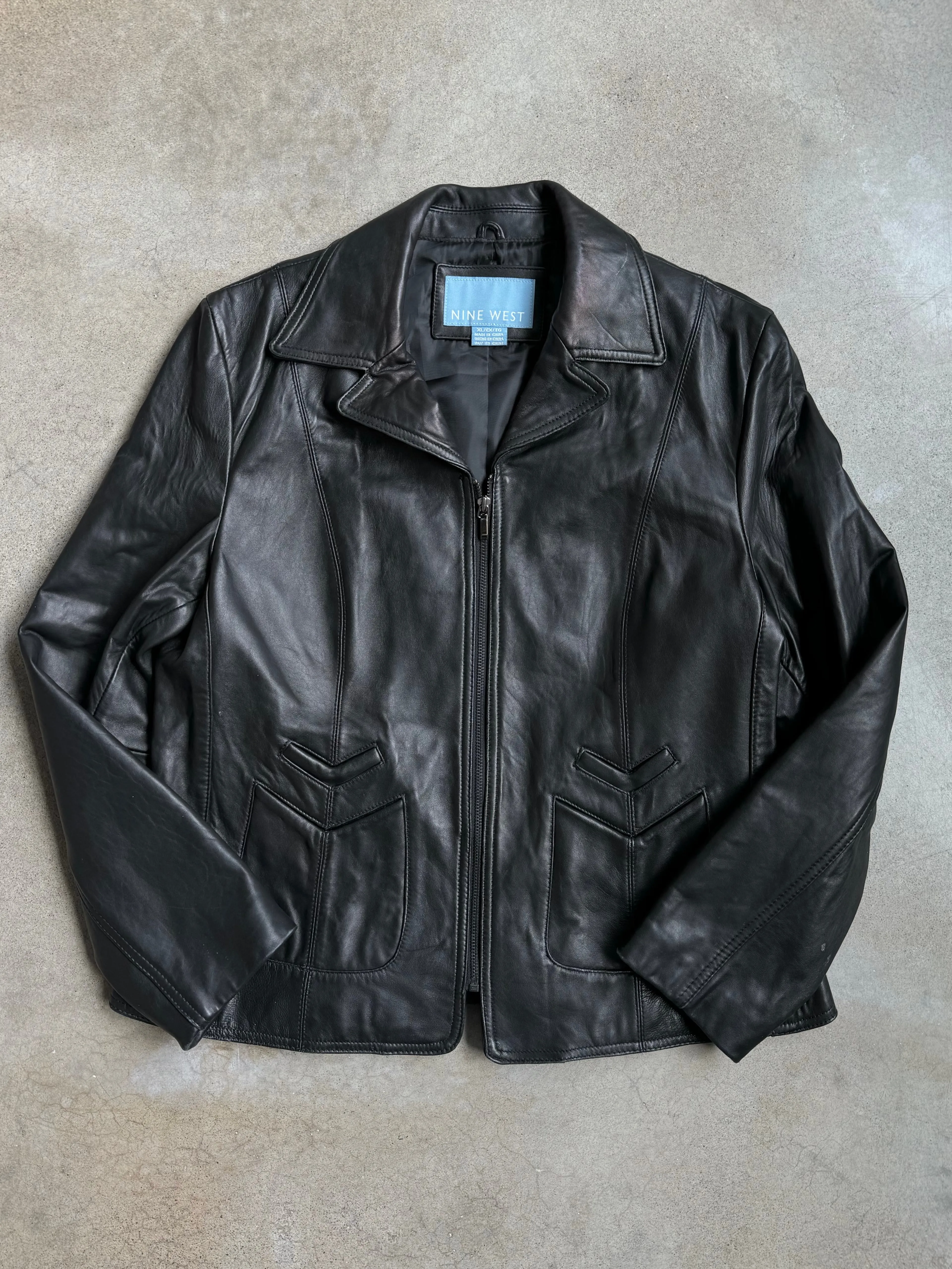 Nine West Black Leather Zip-Up Jacket (XL)
