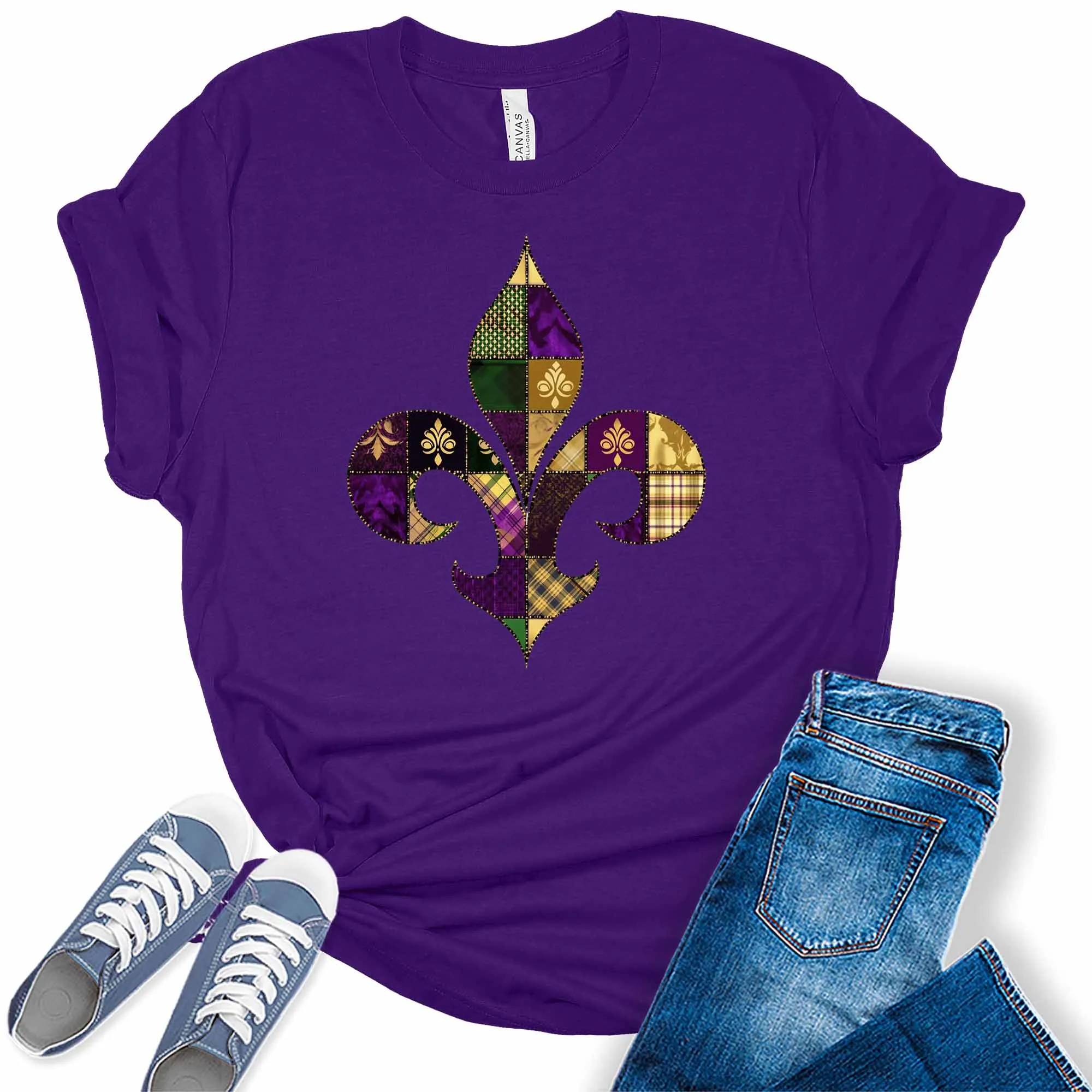 Patchwork Fleur De Lis Trendy Mardi Gras Graphic Tees