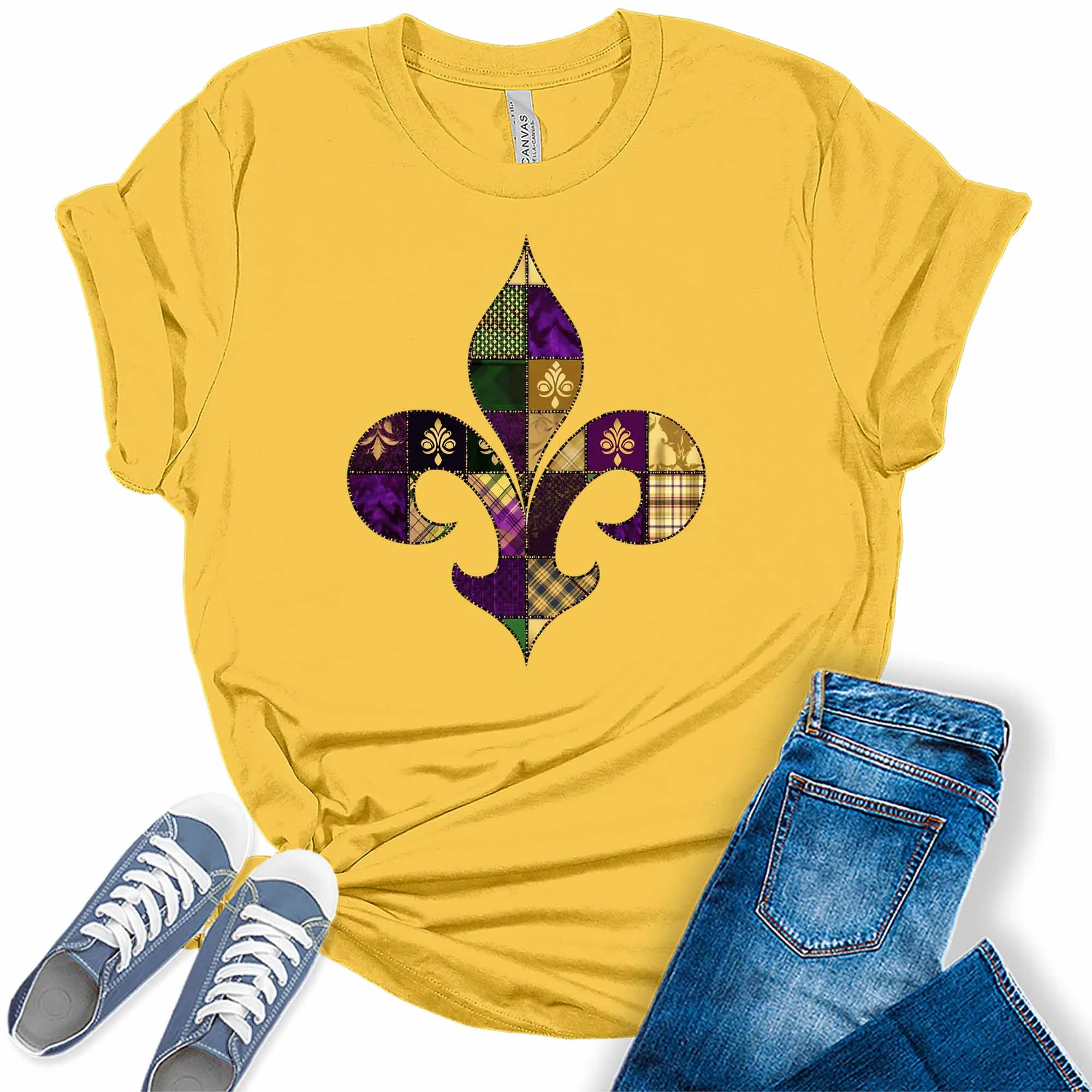 Patchwork Fleur De Lis Trendy Mardi Gras Graphic Tees
