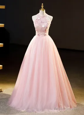 Pink Tulle Long Formal Dress With Floral Lace, Pink Halter Tulle Sweet 16 Dress