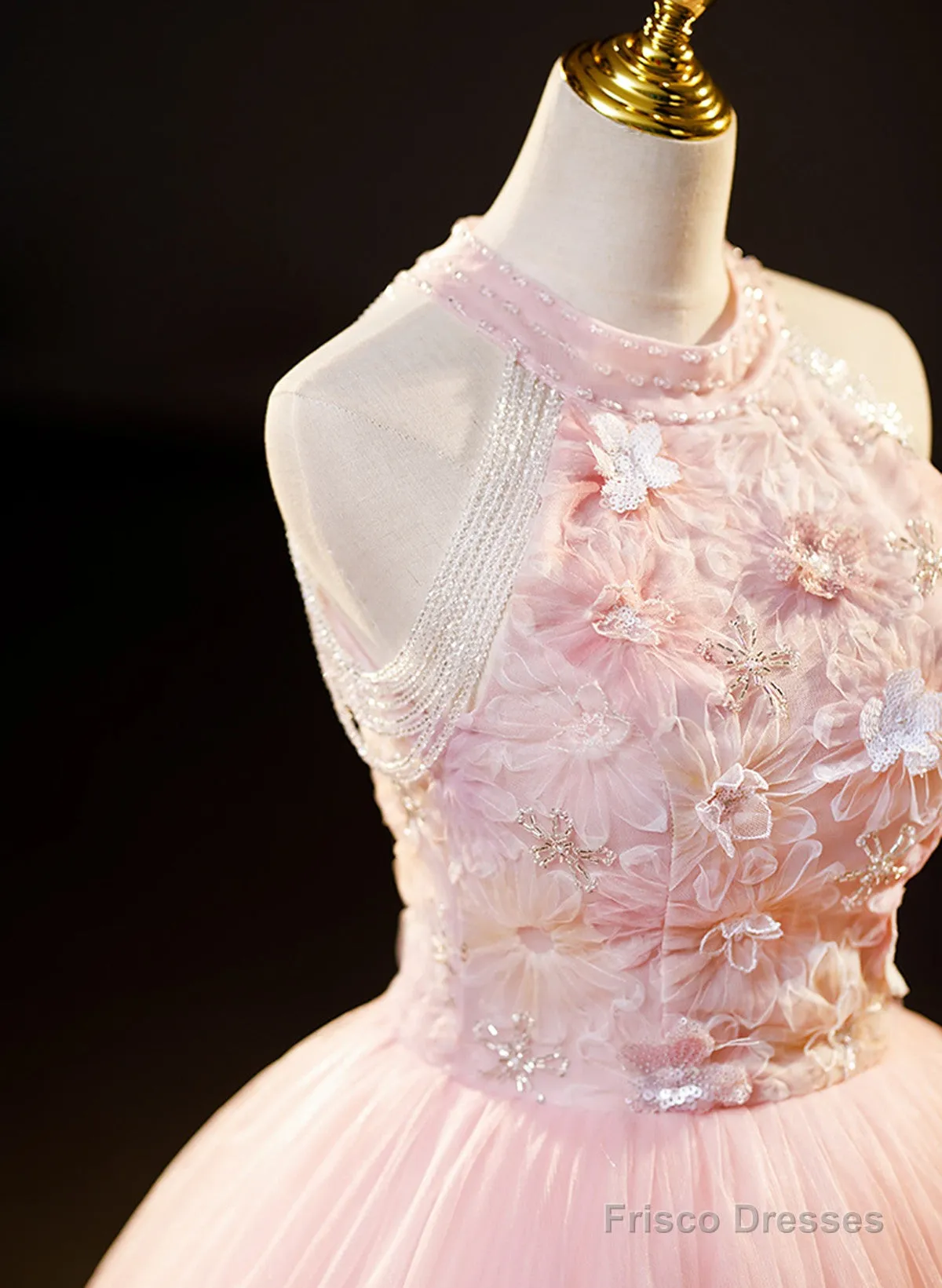 Pink Tulle Long Formal Dress With Floral Lace, Pink Halter Tulle Sweet 16 Dress