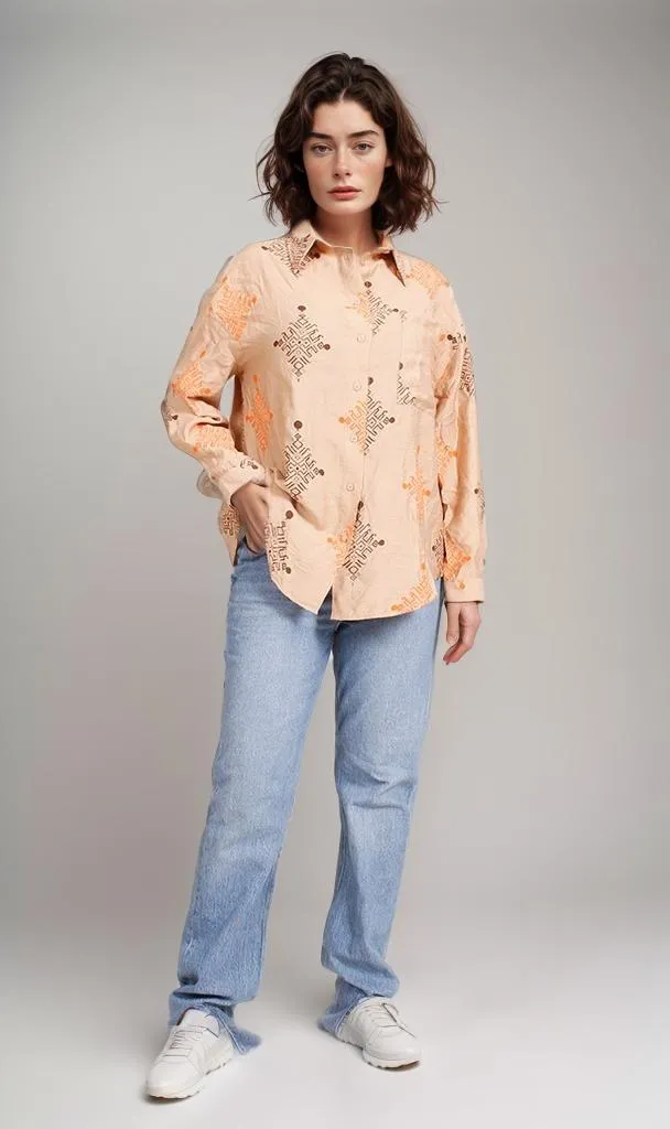 R206091-R206091 - Embroidered Oversized Shirt - Peach