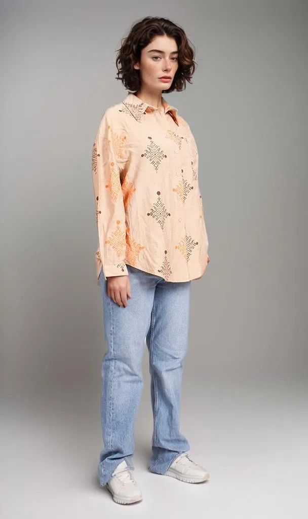R206091-R206091 - Embroidered Oversized Shirt - Peach