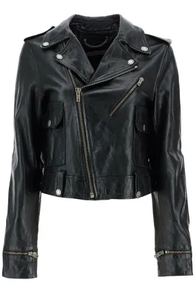 shiny black sheepskin biker jacket with sturdy zip GWP02137 P001195 BLACK