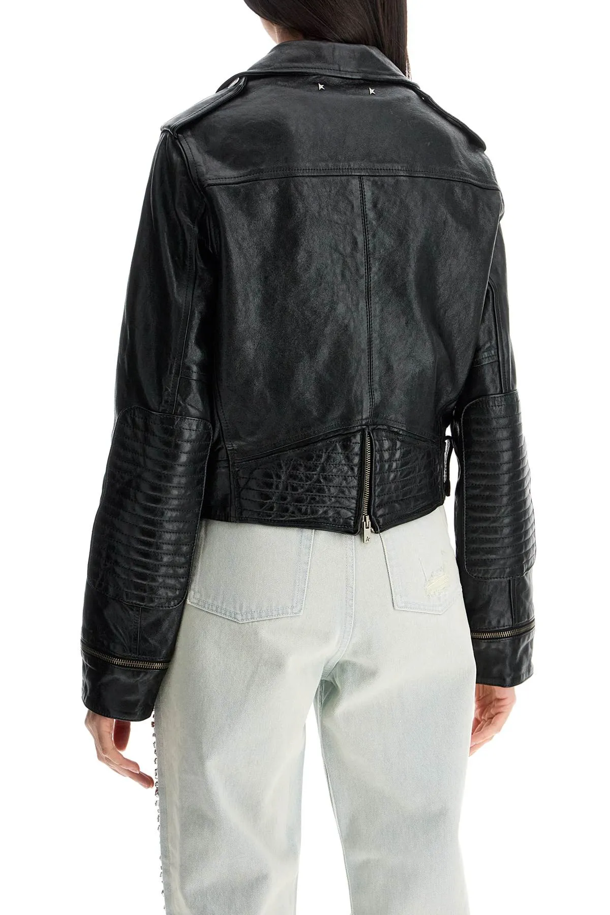 shiny black sheepskin biker jacket with sturdy zip GWP02137 P001195 BLACK