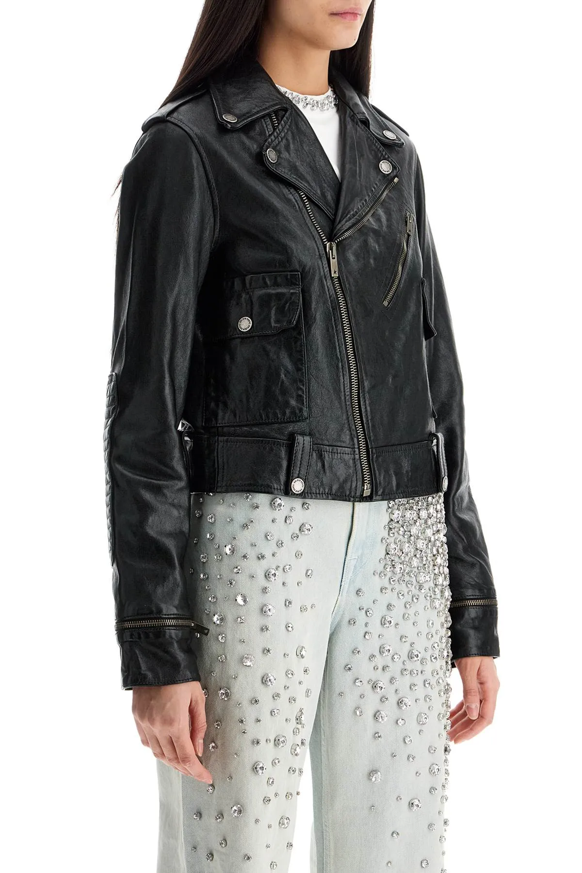 shiny black sheepskin biker jacket with sturdy zip GWP02137 P001195 BLACK